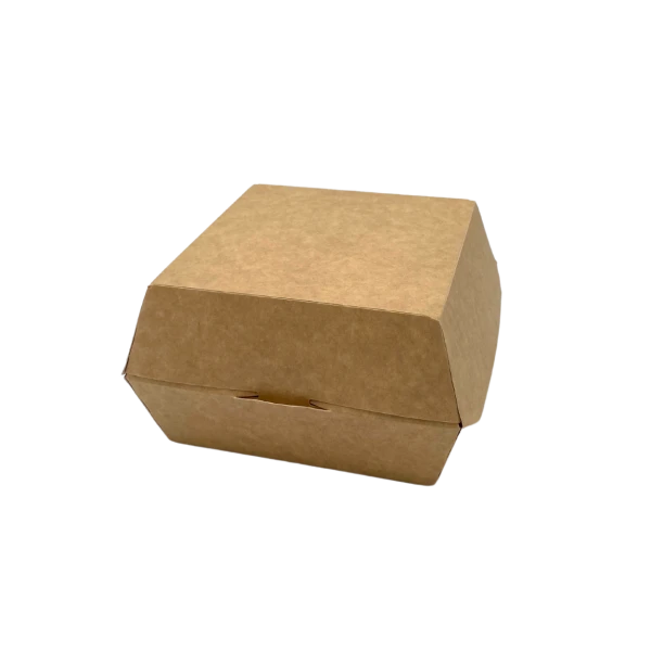 Caja para hamburguesa de cartón kraft con película impermeable de tamaño 14x14 cm. perfecto para el delivery