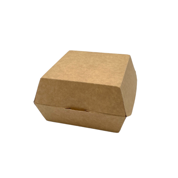 Caja para hamburguesa de cartón kraft con película impermeable de tamaño 14x14 cm. perfecto para el delivery
